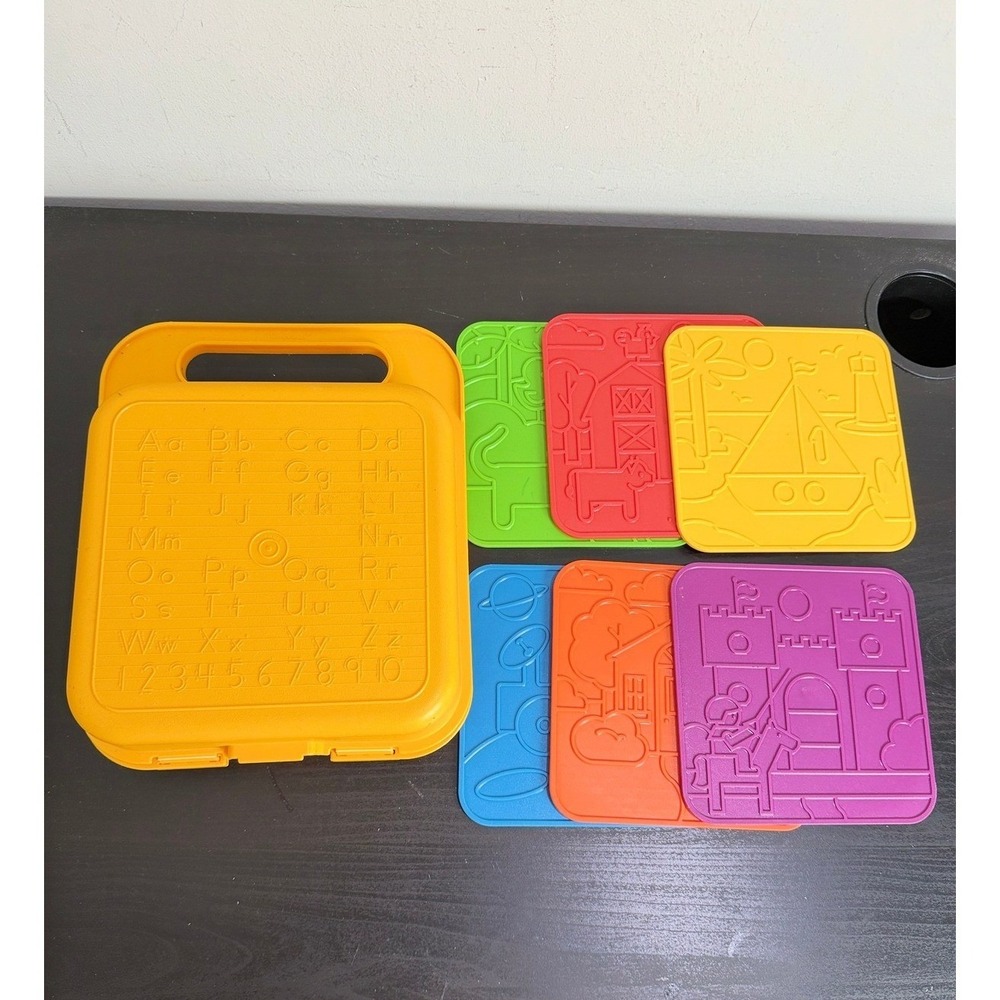 Vintage 1990 Tuppertoys Rubbing Stencils Art Set 6 Plates Yellow Carrying Case